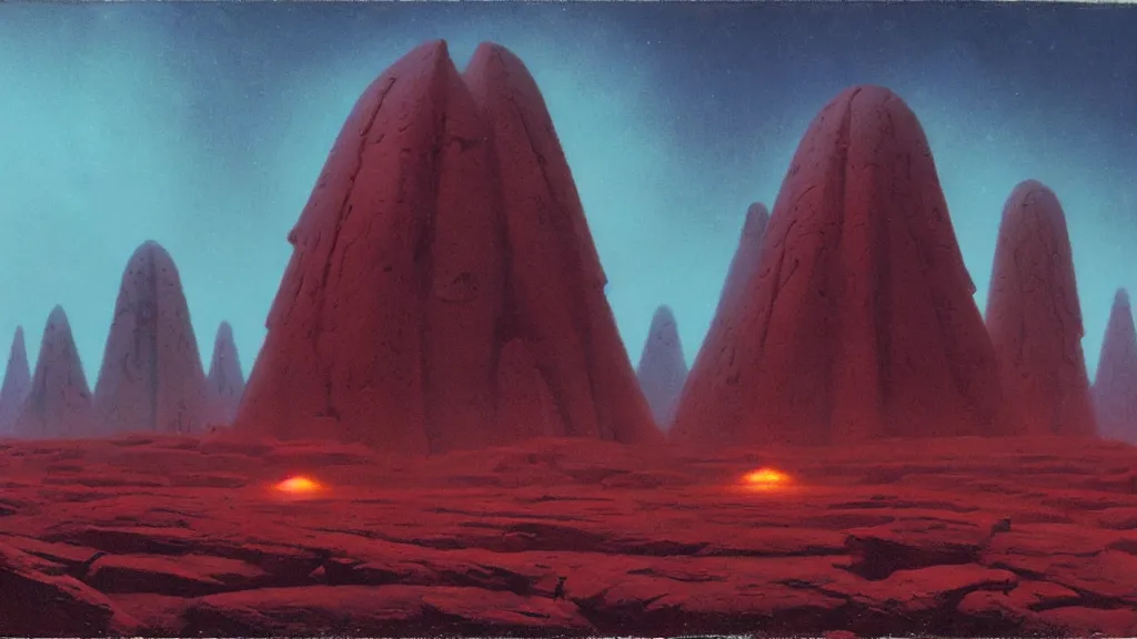 Image similar to mysterious monuments of an alien civilization by paul lehr and john schoenherr, cinematic matte painting