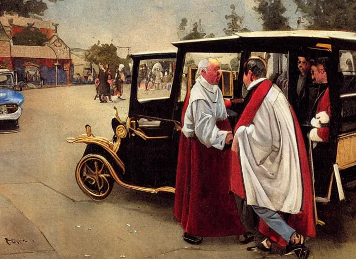 Prompt: A bishop getting out of a Suzuki Alto, victorian era painting