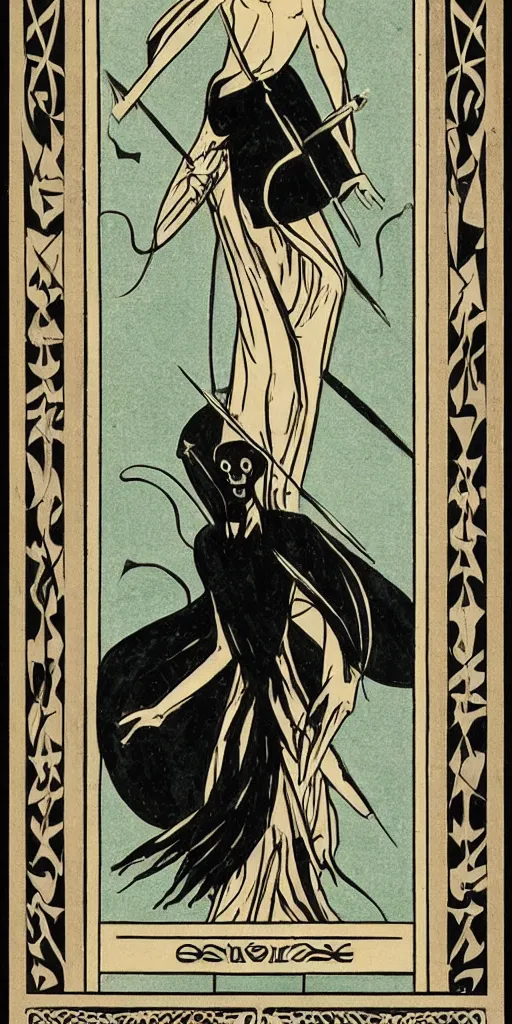 Image similar to an art deco illustration of the grim reaper on a tarot card with an elegant border