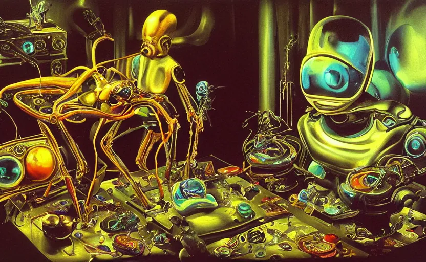 Image similar to strange futuristic robot body, disturbing colorful oil painting dutch golden age vanitas still life sparse composition with bizarre intricate tiny objects strange gooey transparent surfaces shiny metal reflections bizarre mutant meat insects rachel ruysch dali todd schorr very detailed perfect composition rule of thirds masterpiece canon 5 0 mm, cinematic lighting, photography, retro, film, kodachrome