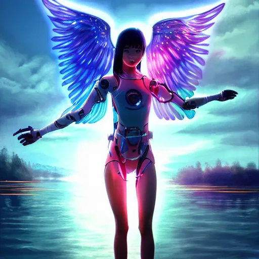 Prompt: beautiful young asian woman as a beautiful cyborg - angel girl standing on a lake, rainfall, biomechanical details, digital cyberpunk anime art, full body shot, reflections, lens flare, wlop, ilya kuvshinov, artgerm, krenz cushart, greg rutkowski