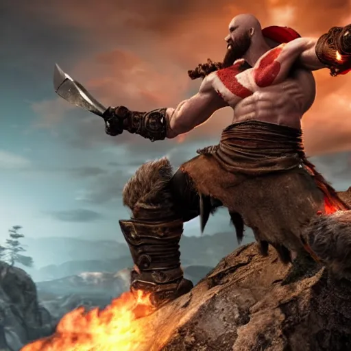 Image similar to kratos, with leviathan axe, jumping a black harley - davidson motorcycle off a cliff, cinematic render, playstation studios official media, god of war 2 0 1 8