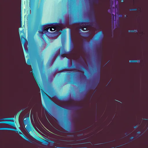 Prompt: cyberpunk john lithgow as the leader of a futuristic communist nation, cybernetics, sharp lines, digital, artstation, colored in