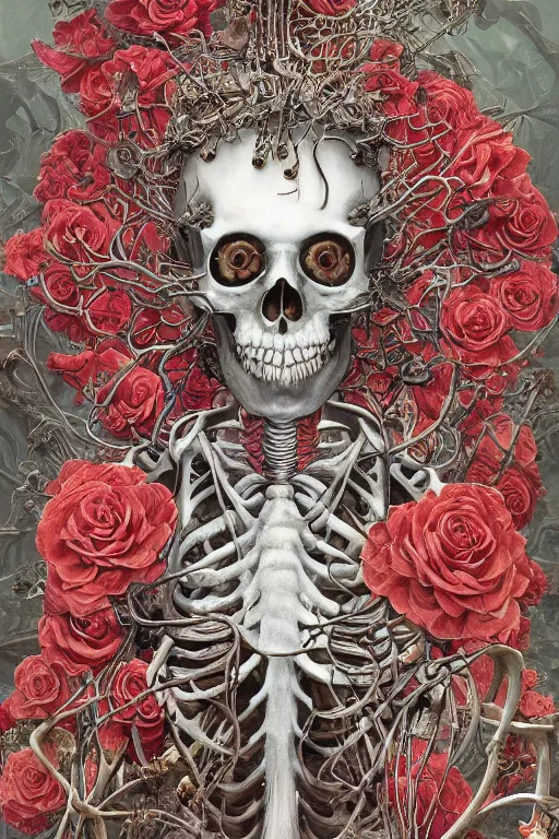 Prompt: roses growing from the skeleton frame, carol, by damien hirst and alexander mcqueen and peter gric and takato yamamoto and zdzisław beksinski and laurie lipton and victo ngai and esao andrews and paul lehr, trending on artstation