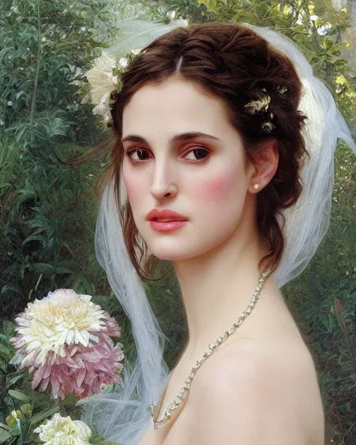 Image similar to realistic oil painting of young 1 8 - year old winona ryder or natalie portman wearing an iridescent wedding dress covered in pearls, highly detailed, intricate,, elegant, digital painting, smooth, sharp focus, illustration, ultra realistic, 8 k, by bouguereau, alphonse mucha, artgerm, and donato giancola