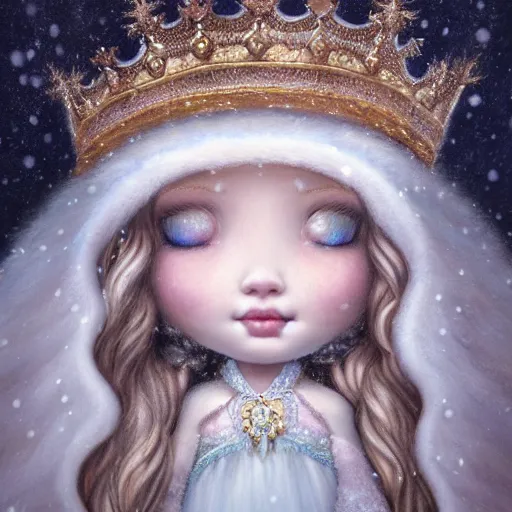 Prompt: highly detailed closeup portrait of a snow, ice princess, she is wearing a crown, she is sitting on a throne surrounded by fluffy bears, nicoletta ceccoli, mark ryden, lostfish, earl nore, global illumination, god rays, detailed and intricate environment