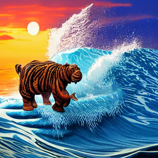 Image similar to a closeup photorealistic photograph of a cute smiling knitted tiger hippopotamus riding an epic wave at sunset. surf in the background. professional capture. brightly lit scene. this 4 k hd image is trending on artstation, featured on behance, well - rendered, extra crisp, features intricate detail, epic composition and the style of unreal engine.