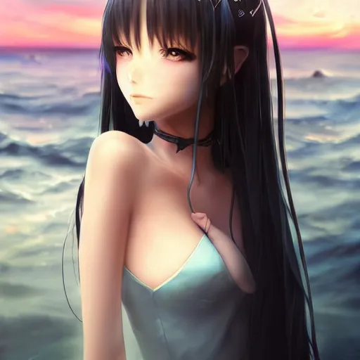 Image similar to advanced digital portrait painting photograph, a very beautiful anime girl wearing a dress made of water standing in a crystal lake , full body, very long black hair, azure blue watery eyes, full round face, seductive stare, cinematic lighting, medium shot, mid-shot, highly detailed, trending on artstation, Unreal Engine 4k, Stanley Artgerm Lau, WLOP, Rossdraws, James Jean, Andrei Riabovitchev, Marc Simonetti, and Sakimichan