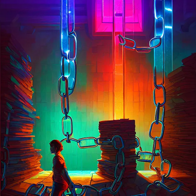 Prompt: glowing blocks tied together with chains, centered, symmetry, painted, intricate, volumetric lighting, beautiful, rich deep colors masterpiece, sharp focus, ultra detailed, in the style of dan mumford and marc simonetti