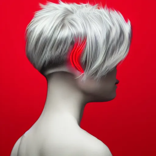 Prompt: fantsy haircut, detailed, photograph, award wining, red and white, trending on artstation, 4 k, neon highlights