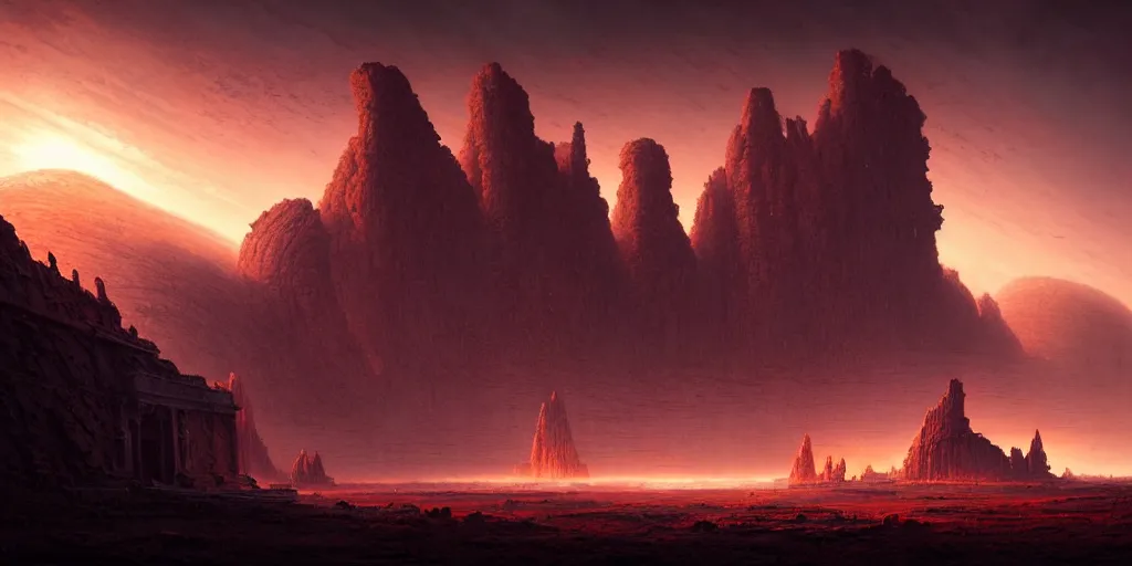 Prompt: strange surface of another planet at sunset ruins of ancient civilization, ultra high definition, ultra detailed, symmetry, god rays, sci - fi, dark fantasy, by greg rutkowski and ross tran