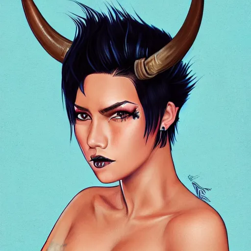 Image similar to illustrated realistic portrait of swept-back prong-horned devil woman with blue bob hairstyle and her tan colored skin and with solid black eyes wearing leather by rossdraws