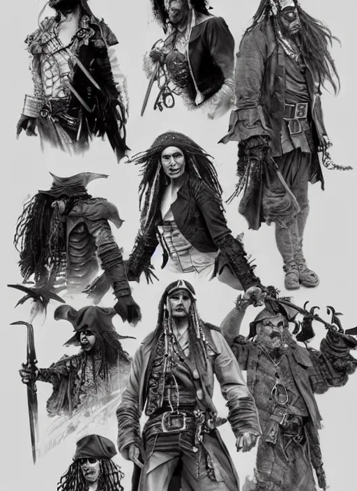 Prompt: detailed pencil spot illustrations of various character concepts from cyberpunk and pirates of the caribbean movie, various poses, by burne hogarth, by bridgeman, by anthony ryder, by yoshitaka amano, by ruan jia, by conrad roset, by mucha, artstation, artstation.