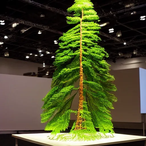 Prompt: Elaborate realistic model of a sequoia made of wire sitting on a professionally illuminated display table