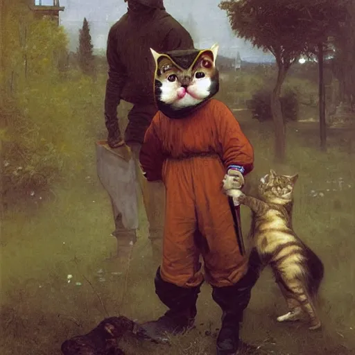 Image similar to belligerent man wearing a cat costume with a yellow hoodie greg danton william adolphe bouguereau vasily surikov anton fadeev simon stalenhag