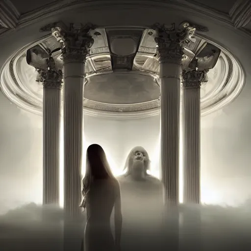 Image similar to portrait photo, god's rejected first draft of humanity, uncanny valley almost human adam and eve, inside a heavenly neo - futuristic greek revival beautiful cloud city with large white marble columns and low mysterious fog, golden hour lighting, god rays, volumetric lighting and fog