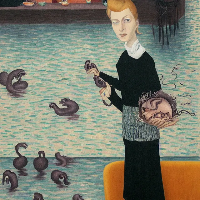 Image similar to tall female emo artist holding a pig in a flooded cafe, octopus, water gushing from ceiling, painting of flood waters inside a cafe, a river flooding indoors, pomegranates, pigs, ikebana, water, octopus, river, rapids, waterfall, black swans, canoe, berries, acrylic on canvas, surrealist, by magritte and monet