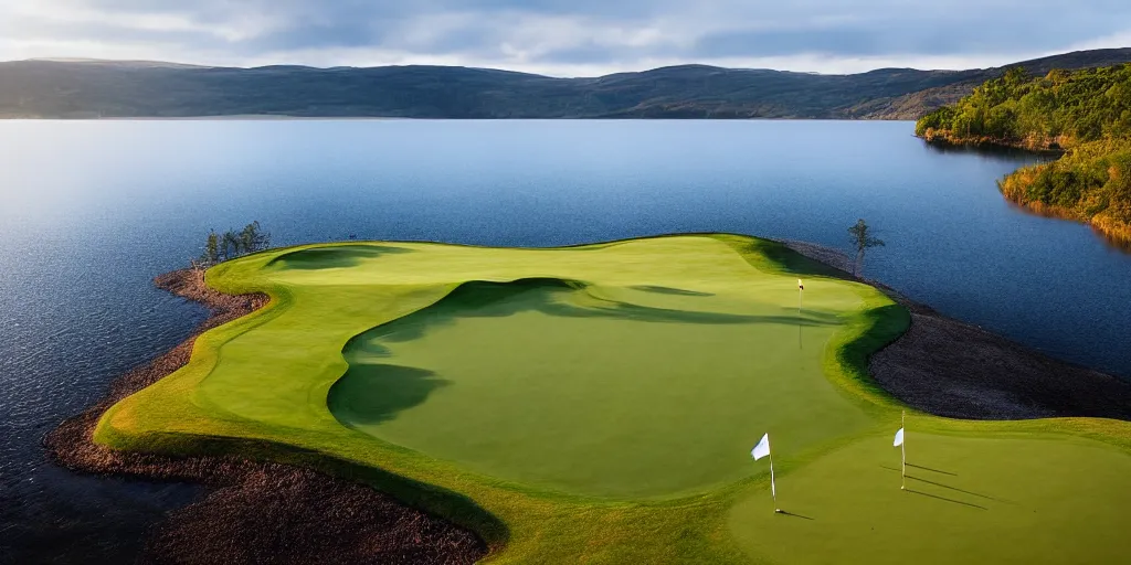 Image similar to a great photograph of the most amazing golf hole in the world completely surrounded by water, loch ness monster in the water, ambient light, golf digest, top 1 0 0, fog