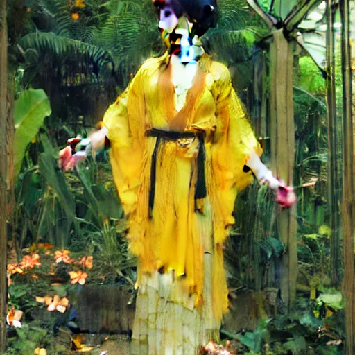 Image similar to photograph of an young woman wearing a yellow kimono in a tropical greenhouse, by james gurney, by john william waterhouse, Extremely detailed. 4K. 35mm lens