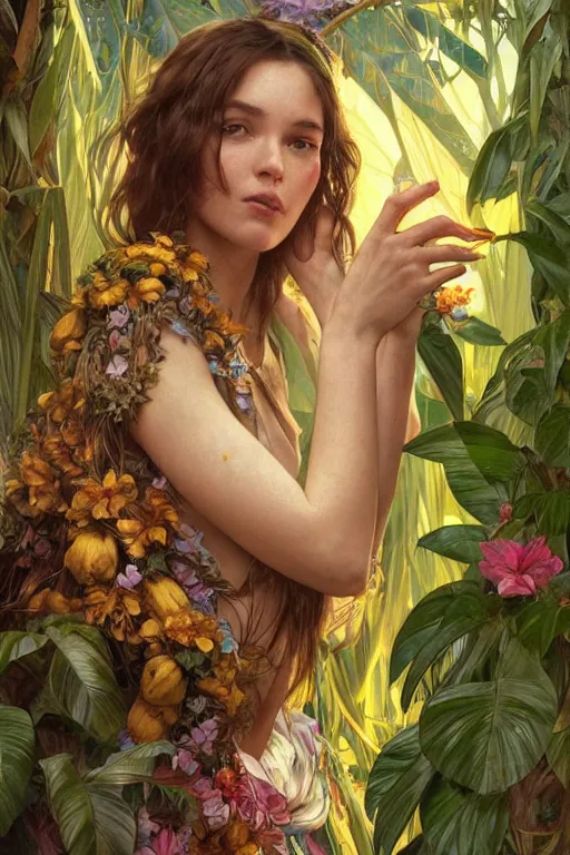 Prompt: ultra realistic illustration, bohemian girl with banana plants and flowers, staring directly into camera, intricate, elegant, highly detailed, digital painting, artstation, concept art, smooth, sharp focus, illustration, art by artgerm and greg rutkowski and alphonse mucha