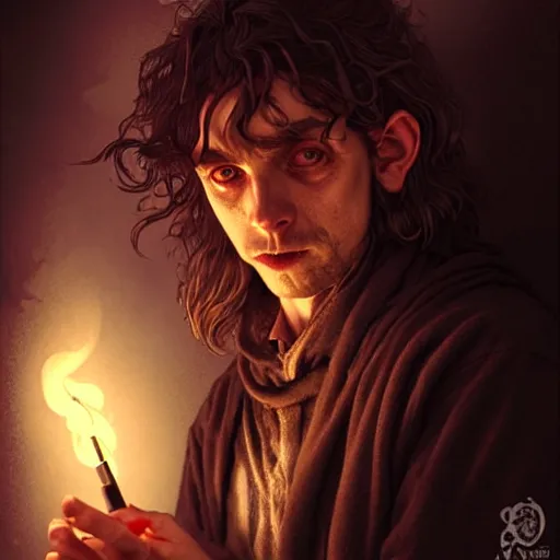 Image similar to Drug addict hobbit with crazy eyes smoking in a dark alley, ultra realistic, concept art, intricate details, dark, highly detailed, photorealistic, octane render, 8k, unreal engine, art by artgerm and greg rutkowski and alphonse mucha