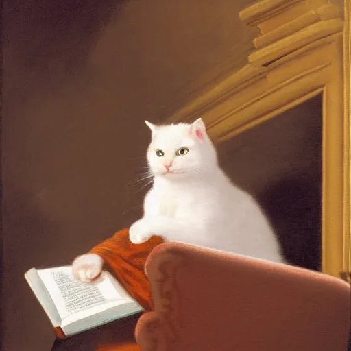 Image similar to baroque painting of a white fluffy cat reading in a chair by the fire. Renaissance oil on canvas 4k