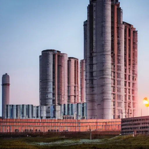 Image similar to a wide shot of a soviet beautiful brutalist monumental multi - building industrial complex, tall buildings with spaceship parking lots on top, with many rounded elements sprouting from the base tower creating a feel of an organic structure, photography shot at blue hour