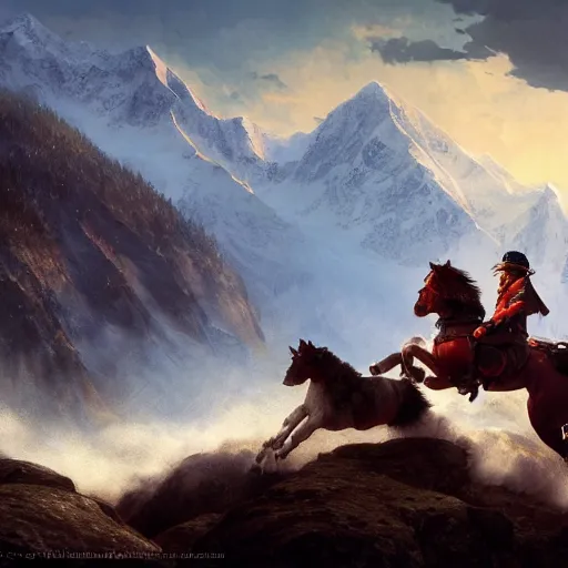 Image similar to Napoleon Crossing the Alps, wolf instaed of a horse, no horse, atmospheric lighting, by Makoto Shinkai and Ruan Jia