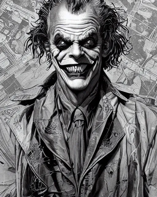 Image similar to christopher lloyd as the joker, big smile, grotesque, horror, high details, intricate details, by vincent di fate, artgerm julie bell beeple, 1 9 8 0 s, inking, vintage 8 0 s print, screen print