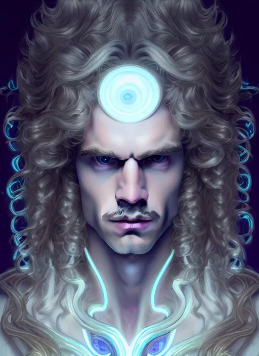 Prompt: symmetry portrait of a pale blond androgynous prince with very curly long blond curly hair, sci - fi, tech wear, glowing lights intricate, elegant, highly detailed, digital painting, artstation, concept art, smooth, sharp focus, illustration, art by artgerm and greg rutkowski and alphonse mucha