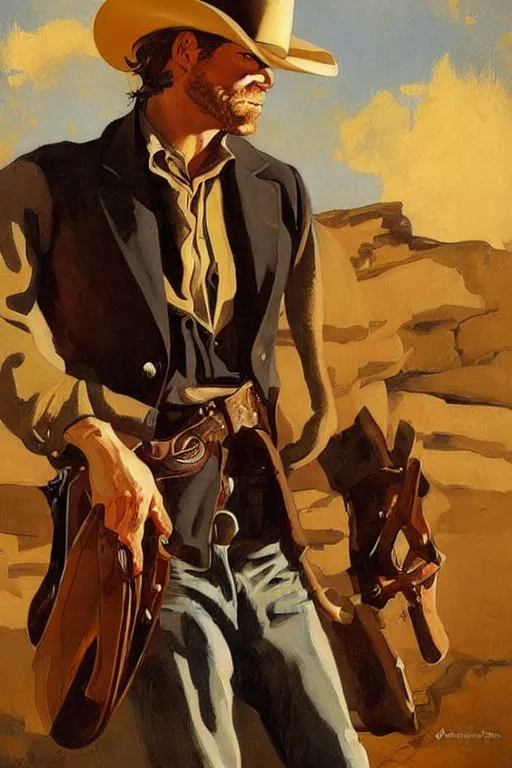 Prompt: cowboy arthur morgan, old west painting by jc leyendecker!! phil hale!, angular, brush strokes, painterly, vintage, crisp