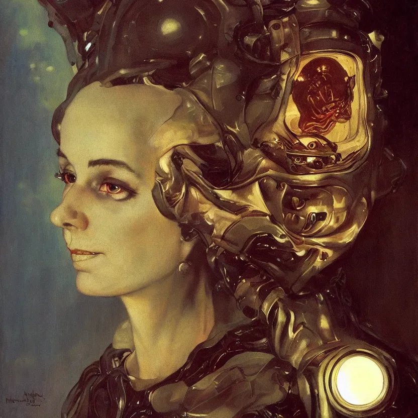 Prompt: portrait painting of an elegantly beautiful alien with glowing eyes, by norman rockwell. muted colors, soft gradients. baroque period, renaissance masterpiece. black background. trending on artstation. retrofuturism.