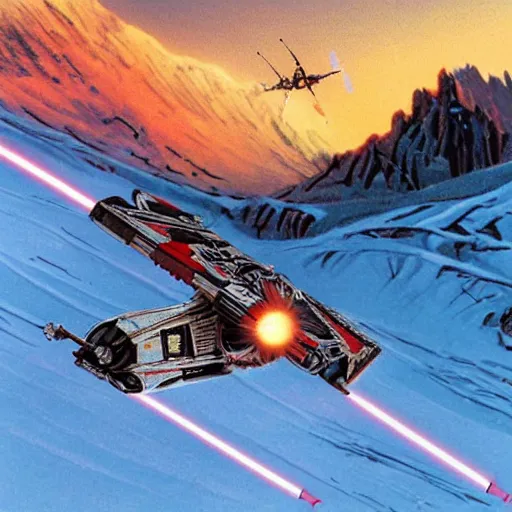 Image similar to star wars xwing pilot skiing down a mountain