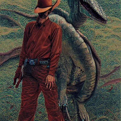 Image similar to a simple centered portrait of a cowboy dinosaur. an award winning yoshitaka amano digital art poster color painting, by james gurney and gerhard richter. art by takato yamamoto. masterpiece, poster colour on canvas.