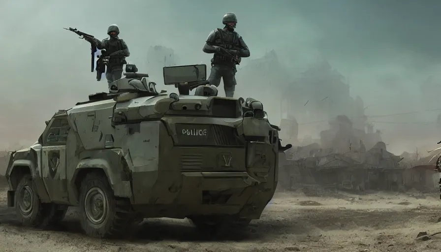 Prompt: a militarized police vehicle with mounted weapons riding through an orwellian town, troops searching the area, action scene, an epic fantasy, dramatic lighting, cinematic, establishing shot, extremely high detail, photorealistic, cinematic lighting, artstation, octane render, by simon stalenhag, horizon forbidden west