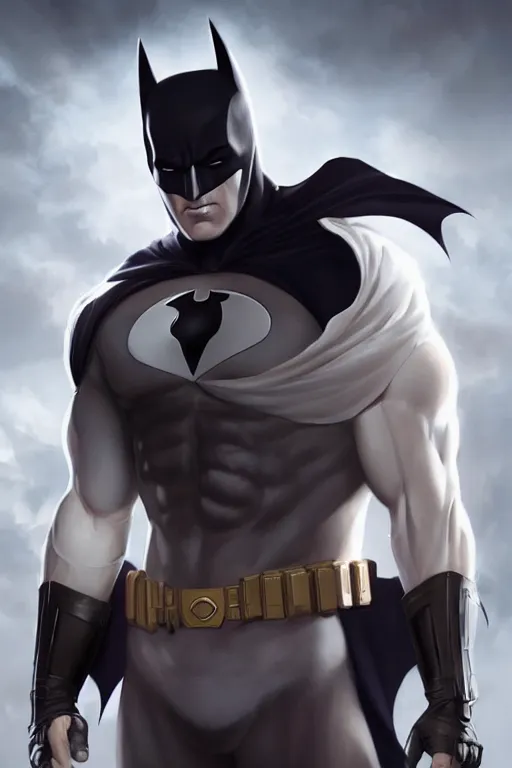 Image similar to characters portrait of MoonKnight mixed with Batman by ArtGerm and Tom Bagshaw, merged character, Full body shot, cinematic opening shot, 4k, highly detailed, cinematic lighting