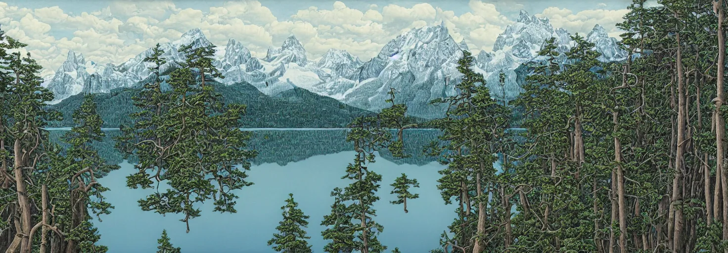 Image similar to escher painting of a lake, big trees reflecting on lake surface, mountains at background, snowy, ultra sharp, ultra detailed, colorized by salvador