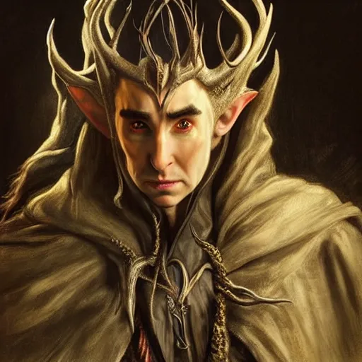 Image similar to a striking hyper real painting of Thranduil by Jan Matejko