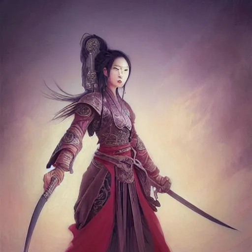 Image similar to A portrait of An beautiful!!! ancient Chinese female swordsman by Ross Tran!!! and Zhang Daqian and greg rutkowski! and gustav doré! and Zdzisław Beksiński! and Ruoxin Zhang!!!,In style of digital art illustration.Symmetry.Highly detailed face.Fantasy,smooth,hyper detailed,sharp focus,Soft light.trending on artstation.