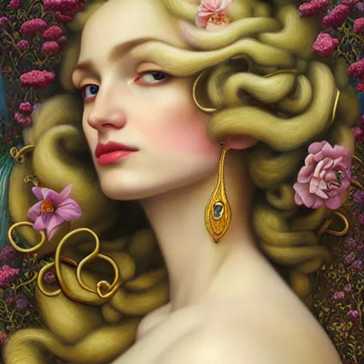 Prompt: dynamic composition, blonde woman with hair of spring flowers and vines wearing ornate earrings, ornate gilded details, pastel colors, a surrealist painting by tom bagshaw and jacek yerga and tamara de lempicka and jesse king, wiccan, pre - raphaelite, featured on cgsociety, pop surrealism, surrealist, dramatic lighting