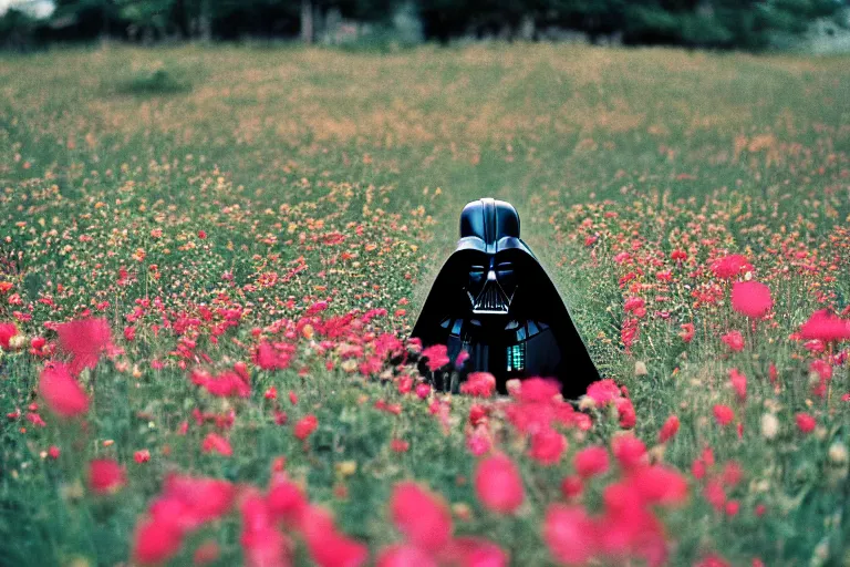 Prompt: darth vader in a field of flowers, playing with kids, 3 5 mm shot, sunny day