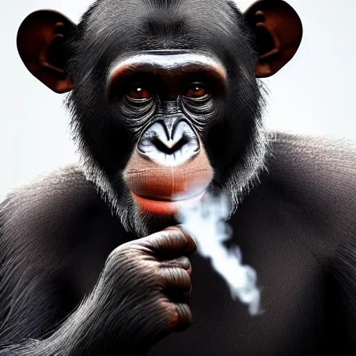 Image similar to a high detail shot of a chimp wearing a suit, smoking, unreal engine