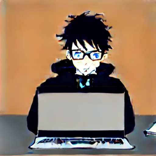 Image similar to a smart teenager boy with a black hoodie sitting behind his laptop and programming, digital art, anime style