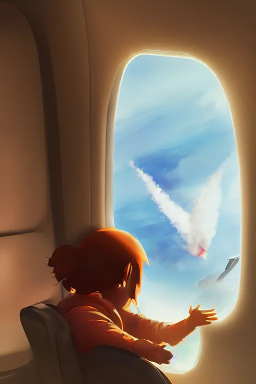 Prompt: passenger looking a wildfire at window in airplane, by makoto shinkai, Jessica Rossier, trending on artstation