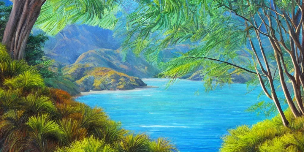 Prompt: golden bay new zealand, abel tasman, native NZ bush ferns, colorful oil painting, trending on artstation