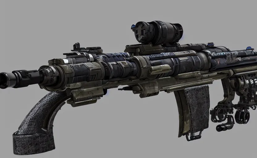 Prompt: extremely detailed side view of a sci fi rifle, chemically propelled, railgun, bullpup, with tubes and wiring, ultra quality, realistic, octane render, call of duty, warframe, deviantart