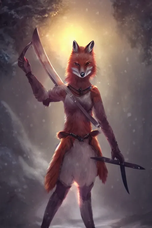 Image similar to a fox warrior princess holding a sword, snow, backlighting, trending on artstation, digital art, by kawacy, furry art