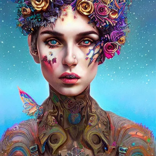 Prompt: Lofi cyberpunk portrait beautiful woman with short brown curly hair, roman face, unicorn, rainbow, floral, Tristan Eaton, Stanley Artgerm, Tom Bagshaw