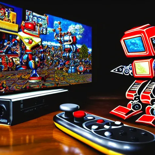 Prompt: an elaborate robot holding a retro game controller in its hand, on screen video game shown in background, intricate details, hyperrealistic oil painting on canvas, deep depth field, hd, hdr, 4 k, 8 k,