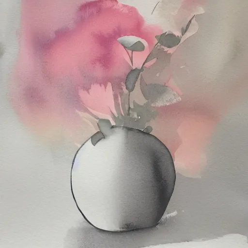 Image similar to monochrome watercolor high vase with dry flowers, background chiffon